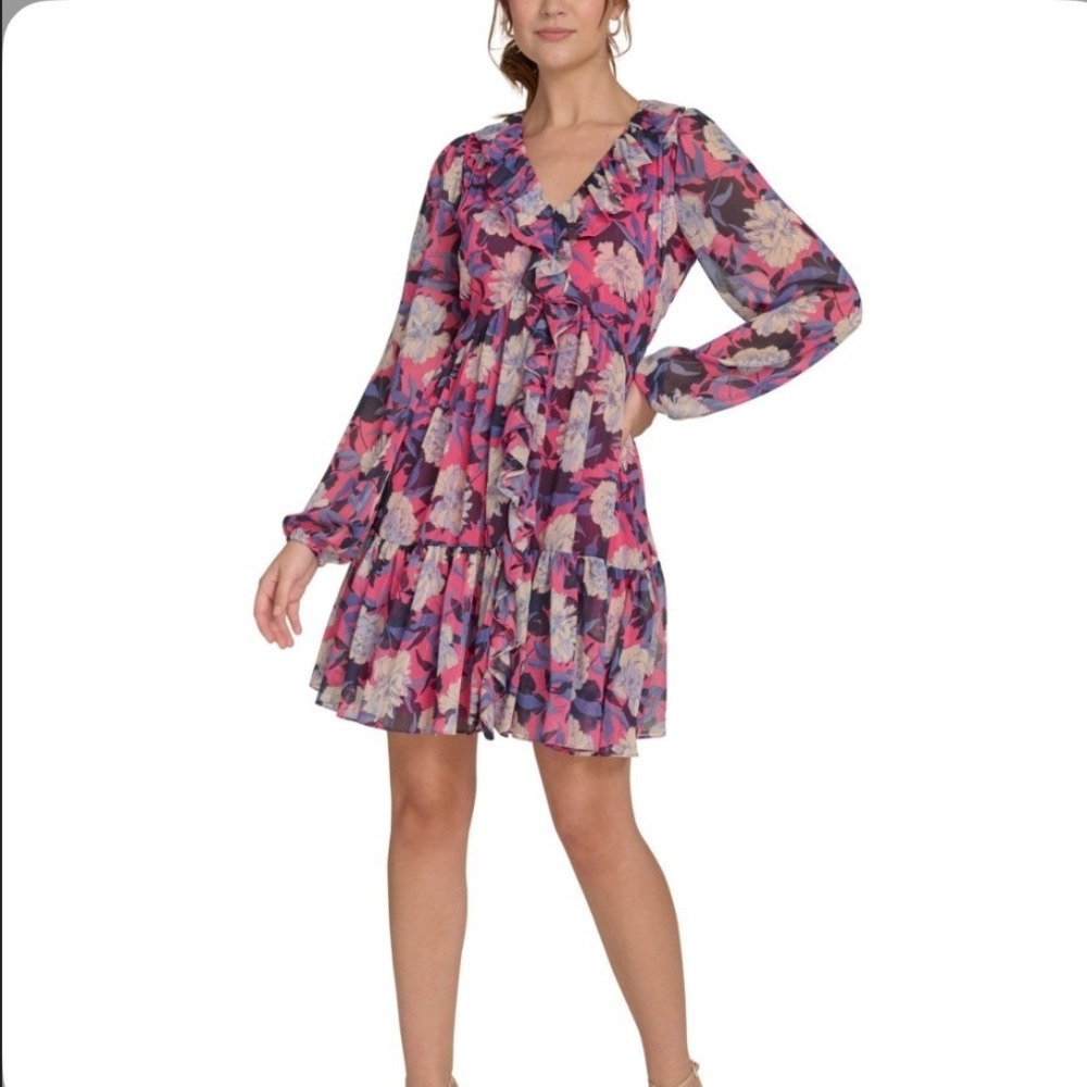 Tommy Hilfiger Floral Mini Dress Women 10 NEW Metallic Ruffle V-Neck MSRP $139